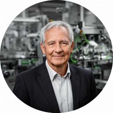 Hans Pfister in der Produktionshalle von Pfister Plastic Haus mit ruhiger Haltung vor Kunststoffmaschinen