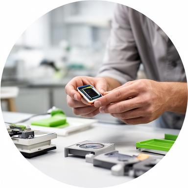 Anna Keller prüft ein Produktmuster am Arbeitstisch in der Produktentwicklung bei Pfister Plastic Haus