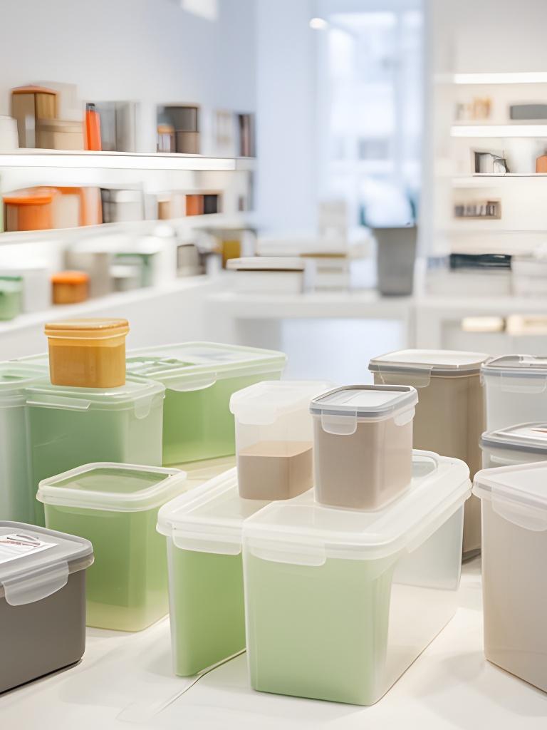 Moderne Kunststoff-Haushaltswaren in einem hellen Zürcher Showroom mit Aufbewahrungsboxen und Küchenbehältern